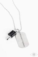 Load image into Gallery viewer, Pinched between a black leather fitting, a silver bullet pendant joins a silver dog tag at the bottom of a silver ball chain. The shimmery dog tag is stamped in the phrase, "Because of the Brave," for a patriotic finish. Features a ball and clasp closure. Sold as one individual necklace.