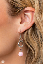 Load image into Gallery viewer, Pink ball hanging from a silver circle, dangling from a silver fish hook earring.