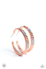 Load image into Gallery viewer, The front facing surface of a chunky shiny copper hoop is dipped in brilliantly sparkling iridescent, peach, and white rhinestones while light-catching texture wraps around the back. The interior of the hoop features the opposite pattern, creating the illusion of a full hoop of blinding rhinestones. Earring attaches to a standard post fitting. Hoop measures 1 3/4" in diameter. Due to its prismatic palette, color may vary. Sold as one pair of hoop earrings.
