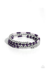 Load image into Gallery viewer, A collection of bright lavender and plum pearls, and shiny silver beads and accents are threaded along a wire that coils around the wrist, creating an eye-catching infinity wrap style bracelet.