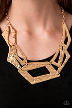Load image into Gallery viewer, Attached to an edgy gold chain, hammered gold plates featuring asymmetrical shapes abstractly link below the collar for a knockout look. Features an adjustable clasp closure. Sold as one individual necklace. Includes one pair of matching earrings.