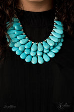 Load image into Gallery viewer, Three trailblazing tiers of shiny silver beads and turquoise teardrops fearlessly cascade into a bold tribal inspired fringe below the collar. Attached to a chunky silver chain, the groundbreaking stone compilation delicately layers into an earth-rattling statement-maker. Features an adjustable clasp closure.
