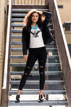 Load image into Gallery viewer, Three trailblazing tiers of shiny silver beads and turquoise teardrops fearlessly cascade into a bold tribal inspired fringe below the collar. Attached to a chunky silver chain, the groundbreaking stone compilation delicately layers into an earth-rattling statement-maker. Features an adjustable clasp closure.