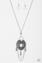 Load image into Gallery viewer, Refreshing white beads are pressed into a stacked silver pendant embossed