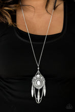 Load image into Gallery viewer, Refreshing white beads are pressed into a stacked silver pendant embossed