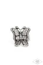 Load image into Gallery viewer, Dazzling white rhinestones are sprinkled across the wings of a silver butterfly, creating a whimsical frame atop the finger. Features a stretchy band for a flexible fit. Sold as one individual ring.
