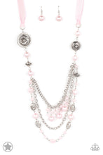 Load image into Gallery viewer, A silky pink ribbon replaces a traditional chain to give an elegant look. Pearly pastel pink beads and funky silver pieces intermix with varying lengths of silver chains to give a fresh take on a Victorian-inspired piece. Sold as one individual necklace. Includes one pair of matching earrings.