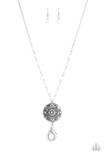 Load image into Gallery viewer, A collection of glassy and opaque white beads trickle down the bottom of a lengthened silver chain. Dotted with opalescent white rhinestones, a floral medallion-like pendant swings from the bottom for a whimsical finish. A lobster clasp hangs from the bottom of the design to allow a name badge or other item to be attached. Features an adjustable clasp closure. Sold as one individual lanyard. Includes one pair of matching earrings.
