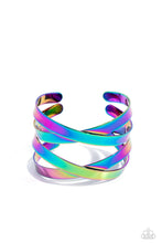 Load image into Gallery viewer, Industrial Imagination Bracelet - Burnished in a sleek oil spill finish, two sets of flat metal bands criss-cross over the wrist as they wrap into a lustrous cuff giving off an industrial vibe.