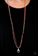 Load image into Gallery viewer, Painted in a refreshing coral finish, dainty ball-chains and a shimmery silver satellite chain drapes across the chest for a colorful industrial look. A lobster clasp hangs from the bottom of the design to allow a name badge or other item to be attached. Features an adjustable clasp closure. Sold as one individual lanyard. Includes one pair of matching earrings.