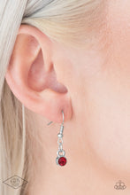 Load image into Gallery viewer, Red gem stone hanging from a silver fish hook earring.