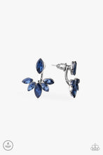 Load image into Gallery viewer, A solitaire blue marquise cut rhinestone attaches to a double-sided post, designed to fasten behind the ear. Encrusted in matching blue rhinestones, a double-sided post peeks out beneath the ear, creating a glittery fringe. Earring attaches to a standard post fitting. Sold as one pair of post earrings.