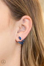 Load image into Gallery viewer, A solitaire blue marquise cut rhinestone attaches to a double-sided post, designed to fasten behind the ear. Encrusted in matching blue rhinestones, a double-sided post peeks out beneath the ear, creating a glittery fringe. Earring attaches to a standard post fitting. Sold as one pair of post earrings.