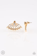 Load image into Gallery viewer, A solitaire white rhinestone attaches to a double-sided post, designed to fasten behind the ear. Encrusted in glassy white rhinestones and dainty white pearls, the double-sided post peeks out beneath the ear, creating a glittery fringe. Earring attaches to a standard post fitting. Sold as one pair of double-sided post earrings.