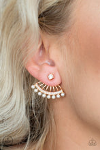 Load image into Gallery viewer, A solitaire white rhinestone attaches to a double-sided post, designed to fasten behind the ear. Encrusted in glassy white rhinestones and dainty white pearls, the double-sided post peeks out beneath the ear, creating a glittery fringe. Earring attaches to a standard post fitting. Sold as one pair of double-sided post earrings.