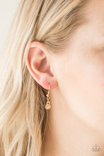 Load image into Gallery viewer, Small gem hanging from a gold fish hook earring.
