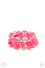 Load image into Gallery viewer, Glassy and opaque Raspberry Sorbet crystal-like beads and textured silver accents are threaded along stretchy bands around the wrist, creating vivacious layers.