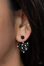 Load image into Gallery viewer, A solitaire black bead attaches to a double-sided post, designed to fasten behind the ear. Radiating with dainty white rhinestones and matching black beads, the heart-shaped double sided-post peeks out beneath the ear for a refined look. Earring attaches to a standard post fitting. Sold as one pair of double-sided post earrings.