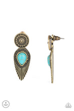 Load image into Gallery viewer, An ornate brass disc attaches to a double-sided post, designed to fasten behind the ear. Dotted with a turquoise stone center, the feathery double-sided post peeks out beneath the ear for a bold artisan look. Earring attaches to a standard post fitting. Sold as one pair of double-sided post earrings.