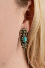 Load image into Gallery viewer, An ornate brass disc attaches to a double-sided post, designed to fasten behind the ear. Dotted with a turquoise stone center, the feathery double-sided post peeks out beneath the ear for a bold artisan look. Earring attaches to a standard post fitting. Sold as one pair of double-sided post earrings.