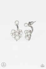 Load image into Gallery viewer, A solitaire white pearl attaches to a double-sided post, designed to fasten behind the ear. Radiating with dainty white rhinestones and matching pearls, the heart-shaped double sided-post peeks out beneath the ear for a refined look. Earring attaches to a standard post fitting. Sold as one pair of double-sided post earrings.