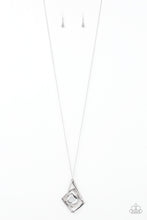 Load image into Gallery viewer, Dotted with glassy white rhinestones, antiqued silver bars twist and coil around a pentagonal white gem. The abstract pendant swings from the bottom of a lengthened silver chain for a modern look. Features an adjustable clasp closure. Sold as one individual necklace. Includes one pair of matching earrings.