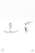 Load image into Gallery viewer, Encrusted in glassy white rhinestones, a dainty silver teardrop attaches to a double-sided post, designed to fasten behind the ear. Radiating with a row of glassy white rhinestones, a bowing silver frame peeks out beneath the ear for a bold look. Earring attaches to a standard post fitting. Sold as one pair of double-sided post earrings.