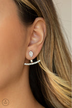 Load image into Gallery viewer, Encrusted in glassy white rhinestones, a dainty silver teardrop attaches to a double-sided post, designed to fasten behind the ear. Radiating with a row of glassy white rhinestones, a bowing silver frame peeks out beneath the ear for a bold look. Earring attaches to a standard post fitting. Sold as one pair of double-sided post earrings.