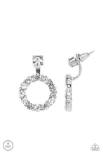Load image into Gallery viewer, A solitaire white rhinestone attaches to a double-sided post, designed to fasten behind the ear. Encrusted in a ring of glassy white rhinestones, the glittery hoop peeks out beneath the ear for a glamorous look. Earring attaches to a standard post fitting. Sold as one pair of double-sided post earrings.