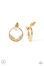Load image into Gallery viewer, A solitaire white rhinestone attaches to a double-sided post, designed to fasten behind the ear. Encrusted in dainty white rhinestones, the circular double-side post peeks out beneath the ear for a bold look. Earring attaches to a standard post fitting. Sold as one pair of double-sided post earrings.
