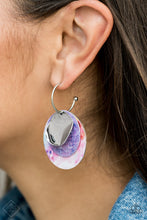 Load image into Gallery viewer, Featuring a retro tie dye print, two flat colorful discs and a curved silver disc stack along a dainty silver hoop with a barbell cap to create a trendy throwback look. Earring attaches to a standard post fitting. Hoop measures approximately 1” in diameter.