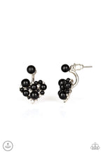 Load image into Gallery viewer, A solitaire black bead attaches to a double-sided post, designed to fasten behind the ear. Radiating with dainty white rhinestones and matching black beads, the heart-shaped double sided-post peeks out beneath the ear for a refined look. Earring attaches to a standard post fitting. Sold as one pair of double-sided post earrings.