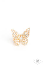 Load image into Gallery viewer, Dainty white emerald cut rhinestones are sprinkled across the golden wings of a butterfly that is encrusted in glassy white rhinestones for a dramatically dazzling finish. Features a stretchy band for a flexible fit. Sold as one individual ring.