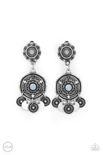Load image into Gallery viewer, Dainty silver discs and antiqued floral frames dance from the bottom of an ornately embossed silver frame that links to a matching silver fitting. Both frames are dotted in blue opalescent rhinestone centers, while the largest of frames is sprinkled in dainty white rhinestone accents for a dreamy finish. Earring attaches to a standard clip-on fitting. Sold as one pair of clip-on earrings.