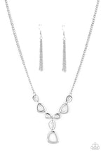Load image into Gallery viewer, Irregular shaped silver rings connect to a sliver chain as they make their way across the collar. Two rings dangle from the center for a stylish avant-garde fashion. Features an adjustable clasp closure. Includes one pair of matching earrings.
