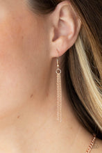 Load image into Gallery viewer, Rose gold chains hanging from a rose gold fish hook earring.