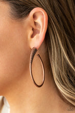 Load image into Gallery viewer, A spiral of texture resembling a coil anchors an exaggerated oblong copper hoop that wraps around the ear. The high-sheen finish on the curved bar adds a hint of drama, as it refracts the light in a knockout finish. Earring attaches to a standard post fitting. Hoop measures approximately 1 1/2" in diameter. Sold as one pair of hoop earrings.