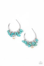 Load image into Gallery viewer, Clusters of turquoise pebbles swing from the bottom of a dainty silver hoop, creating an earthy fringe. A faceted silver and white stone bead swings from the center, adding an ethereal edge. Earring attaches to a standard post fitting. Hoop measures approximately 1 1/4" in diameter. Sold as one pair of hoop earrings.