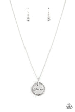 Load image into Gallery viewer, Infused with a silver ring of glassy white rhinestones, a glistening silver disc is dotted with a dainty white rhinestone and stamped in the word, "Glamma," as it swings below the collar for a glamorously sentimental look. Features an adjustable clasp closure. Sold as one individual necklace. Includes one pair of matching earrings.