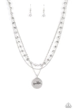 Load image into Gallery viewer, Infused with a strand of metallic flecked hematite crystal-like beads, two dainty rows of mismatched silver chains delicately layer below the collar. Stamped in the word, "Grandma," a shiny silver disc swings from the lowest chain, creating a loving pendant. Features an adjustable clasp closure. Sold as one individual necklace. Includes one pair of matching earrings.