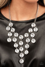 Load image into Gallery viewer, Encased in sleek silver fittings, dramatically oversized white rhinestones delicately link into twinkly tassels that taper off into a jaw-dropping fringe below the collar. Features an adjustable clasp closure. Sold as one individual necklace. Includes one pair of matching earrings.