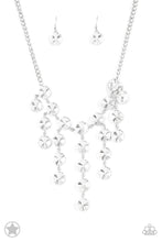 Load image into Gallery viewer, Encased in sleek silver fittings, dramatically oversized white rhinestones delicately link into twinkly tassels that taper off into a jaw-dropping fringe below the collar. Features an adjustable clasp closure. Sold as one individual necklace. Includes one pair of matching earrings.