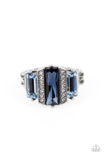 Load image into Gallery viewer, Bordered by two rows of dainty white rhinestones, an emerald cut Rhodonite rhinestone adorns the center of a band dotted in a pair of Spring Lake emerald cut rhinestones, resulting into a jaw-dropping dazzle across the finger. Features a stretchy band for a flexible fit. Sold as one individual ring.