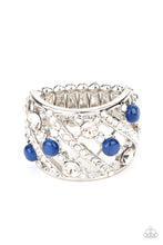 Load image into Gallery viewer, Bubbly rows of dainty opaque rhinestones, glassy blue cat's eye stones, and classic white rhinestones alternate with classic bands of dainty white rhinestones across the finger, coalescing into an effervescently elegant centerpiece. Features a stretchy band for a flexible fit. Sold as one individual ring.