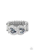 Load image into Gallery viewer, A dainty collection of blue marquise cut rhinestones delicately cluster inside the centers of two leafy silver frames that delicately overlap across the finger. The leafy silver frames are encrusted in sections of glassy white rhinestones and dainty silver studs, adding timeless twinkle to the elegant centerpiece. Features a stretchy band for a flexible fit. Sold as one individual ring.