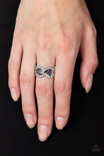 Load image into Gallery viewer, A dainty collection of blue marquise cut rhinestones delicately cluster inside the centers of two leafy silver frames that delicately overlap across the finger. The leafy silver frames are encrusted in sections of glassy white rhinestones and dainty silver studs, adding timeless twinkle to the elegant centerpiece. Features a stretchy band for a flexible fit. Sold as one individual ring.