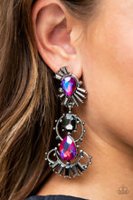 Load image into Gallery viewer, A cosmic collision of iridescent pink teardrop gems and a solitaire smoky emerald cut rhinestone haphazardly adorns studded silver frames. Dotted in round and emerald cut hematite rhinestone accents, the abstract frames stack into a stellar lure. Earring attaches to a standard post fitting. Due to its prismatic palette, color may vary. Sold as one pair of post earrings.