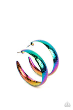 Load image into Gallery viewer, Futuristic Flavor Earrings - Radiating with hammered detail, an oil-spill finished hoop curls around the ear for a look ahead of its time. Earring attaches to a standard post fitting. Hoop measures approximately 1.75" in diameter.