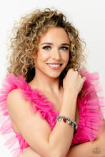 Load image into Gallery viewer, Decorative silver filigree, silver-studded, and red gem heart charms swing from a collection of shiny silver beads, and silver beads with a dot motif. Threaded along an elastic stretchy band, the charming bracelet creates a timeless romantic centerpiece around the wrist. Sold as one individual bracelet.