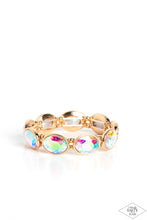 Load image into Gallery viewer, Iridescent gems are pressed into sleek gold frames. Infused with dainty gold beads, the sparkly frames are threaded along stretchy bands for a glamorous look around the wrist. Due to its prismatic palette, color may vary. Sold as one individual bracelet.